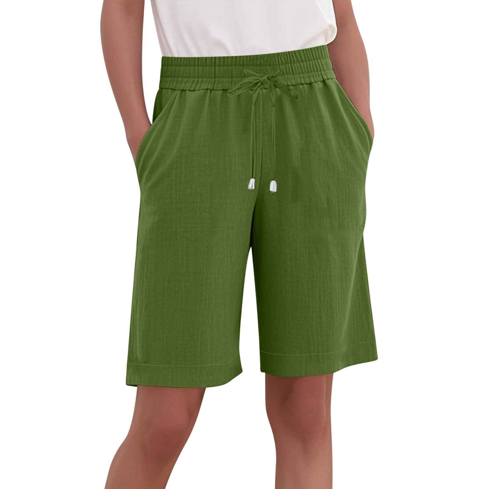 Cotton Linen Shorts for Women Knee Length Plus Size Summer Casual Beach Elastic Waist Drawstring Comfy Trendy Shorts(Army Green,5XL)
